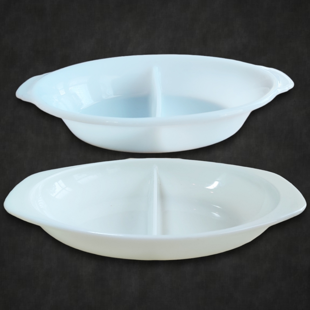 Set of 2 Divided Dishes, FIRE-KING 468 & PYREX 1063 Opal White Milk Glass, Oval